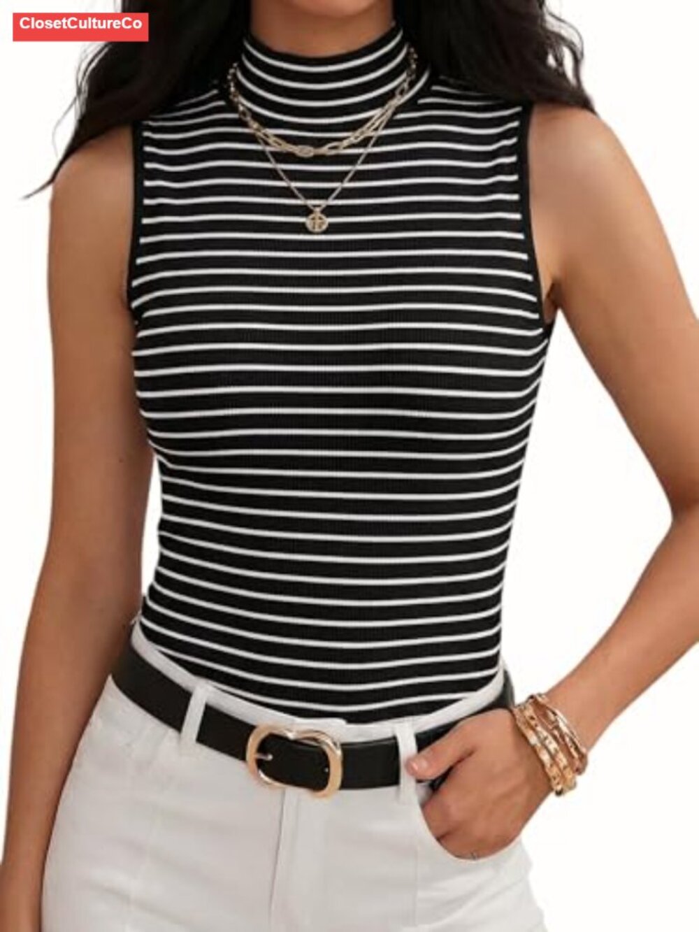 Ribbed Mock Neck Tank Top Sleeveless Layering Shirt Slim Fit Women